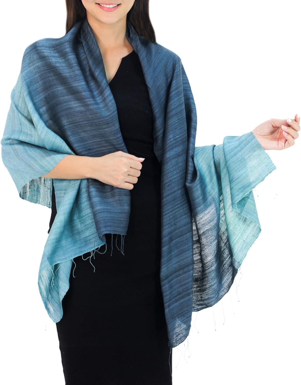 NOVICA Artisan Handcrafted Silk Shawl Accessories Shawls Green Biscay Bay Patterned Thailand ' Bold Teal'