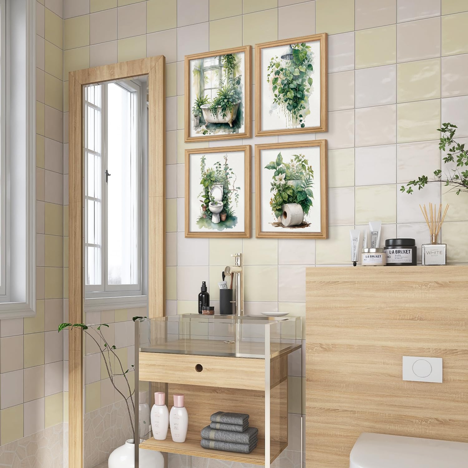 Set di 4 stampe artistiche da parete per bagno, senza cornice, motivo botanico, con piante rustiche, decorazione da parete per bagno, bagno, bagno, 30,5 x 40,6 cm