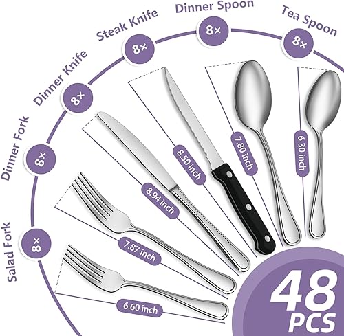 Miniatura 2 de El juego de cubiertos de 48 piezas incluye 8 cuchillos para carne, juego de cubiertos Gifcomda de acero inoxidable de alta calidad, juego de