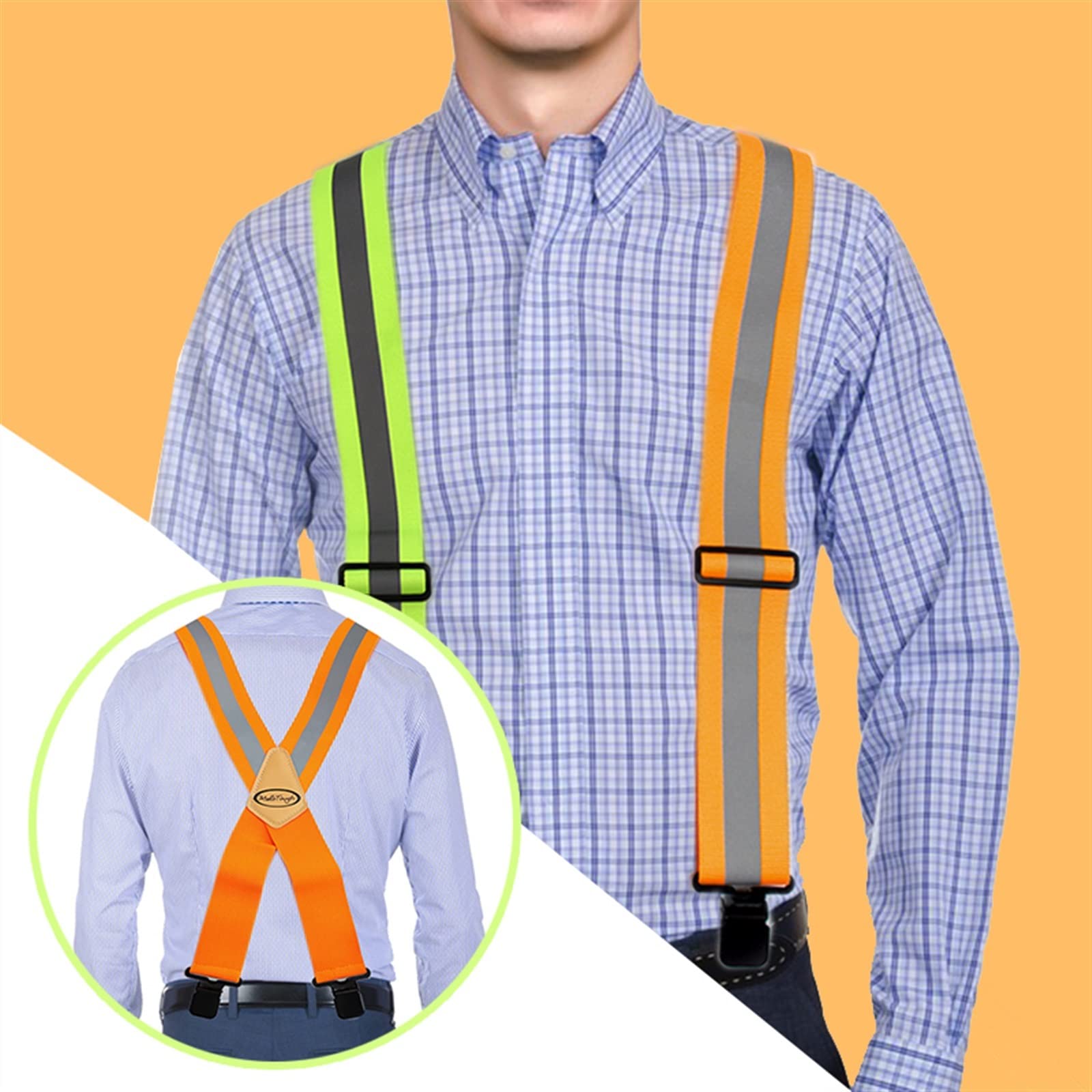 1 paire de bretelles de travail élastiques larges réglables type X pour homme - Orange fluo