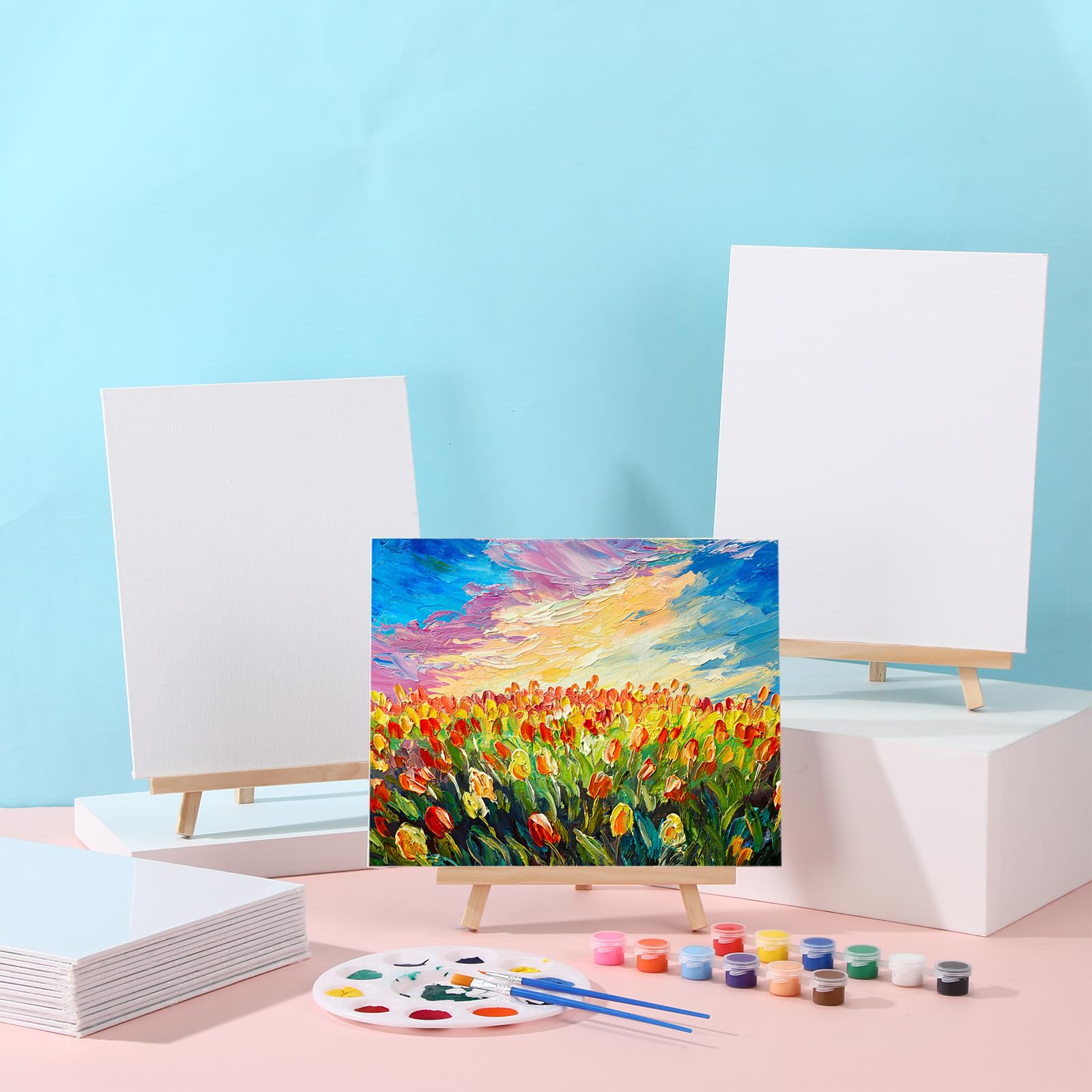 MotiMind Leinwandtafeln mit Staffelei-Set zum Malen, 18 Stück, 20,3 x 25,4 cm, Leinwandpaneele mit 18 Holzstaffeleien für Acryl, Öl, Aquarell, Basteln, Kunstmalerei, Party, Geburtstag, Muttertag,