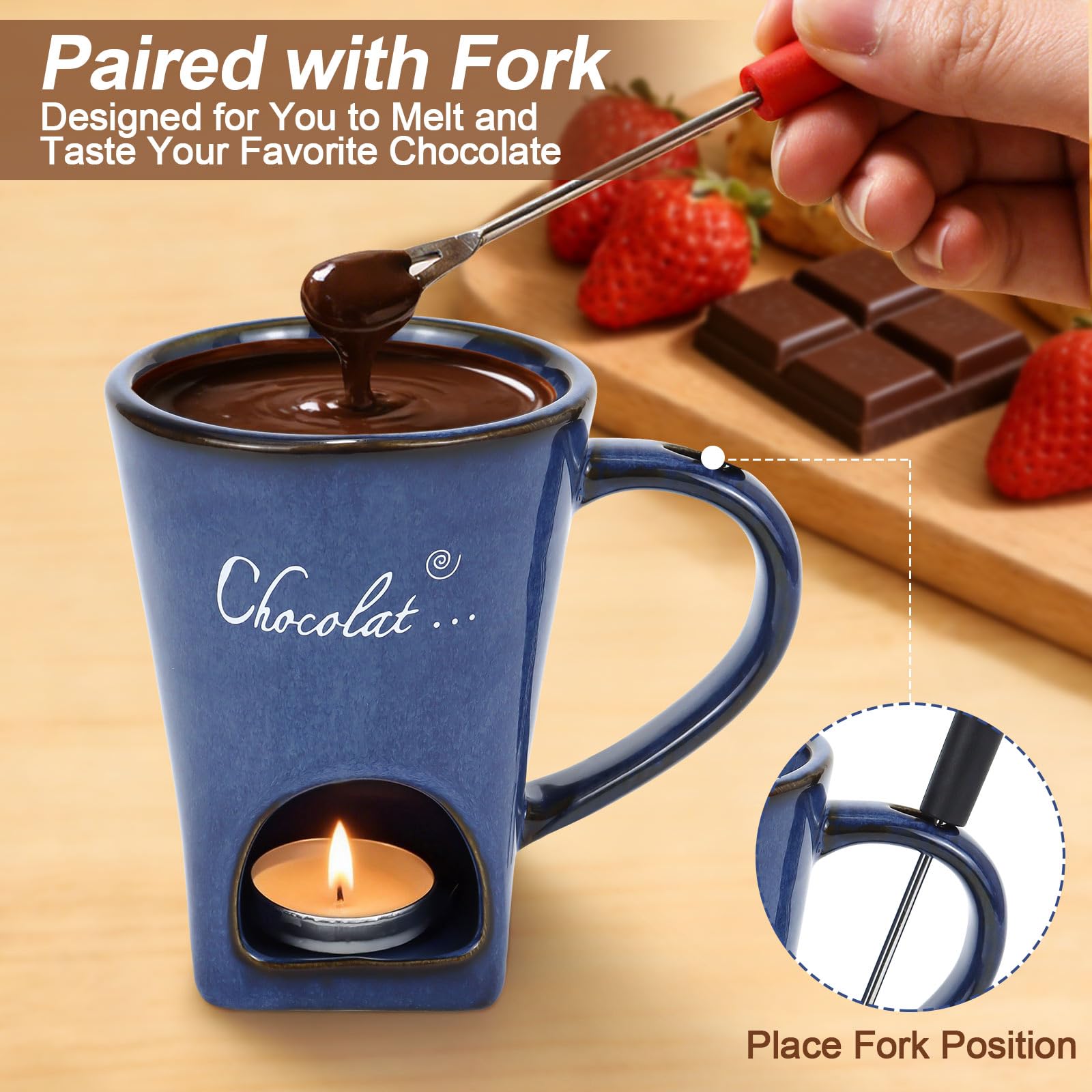 Taza de fondue de chocolate, 130 ml, de cerámica, para fondue de chocolate, juego de vasos con tenedor, juego de fondue de chocolate multiusos para chocolate, queso, mantequilla, caramelo