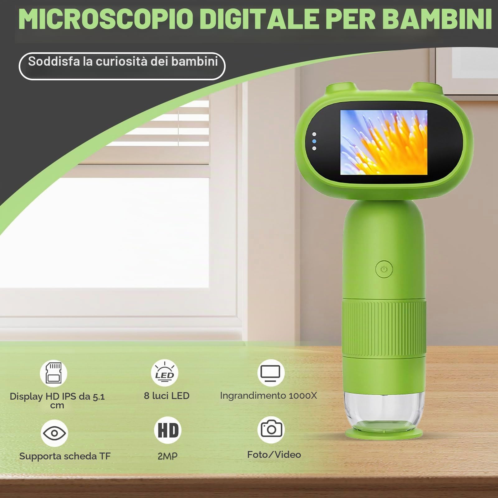 Microscopio Digitale 1000X Professionale per Studenti e Appassionati, Schermo IPS 2.0", 8 LED Regolabili, Strumento Scientifico per Macro-Fotografia (Verde)