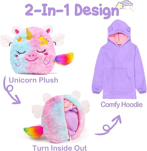 Miniatura 3 de G.C Peluche de unicornio 2 en 1 y sudadera con capucha, regalos de unicornio para niñas, juguetes de unicornio arcoíris, almohada suave, regalo de