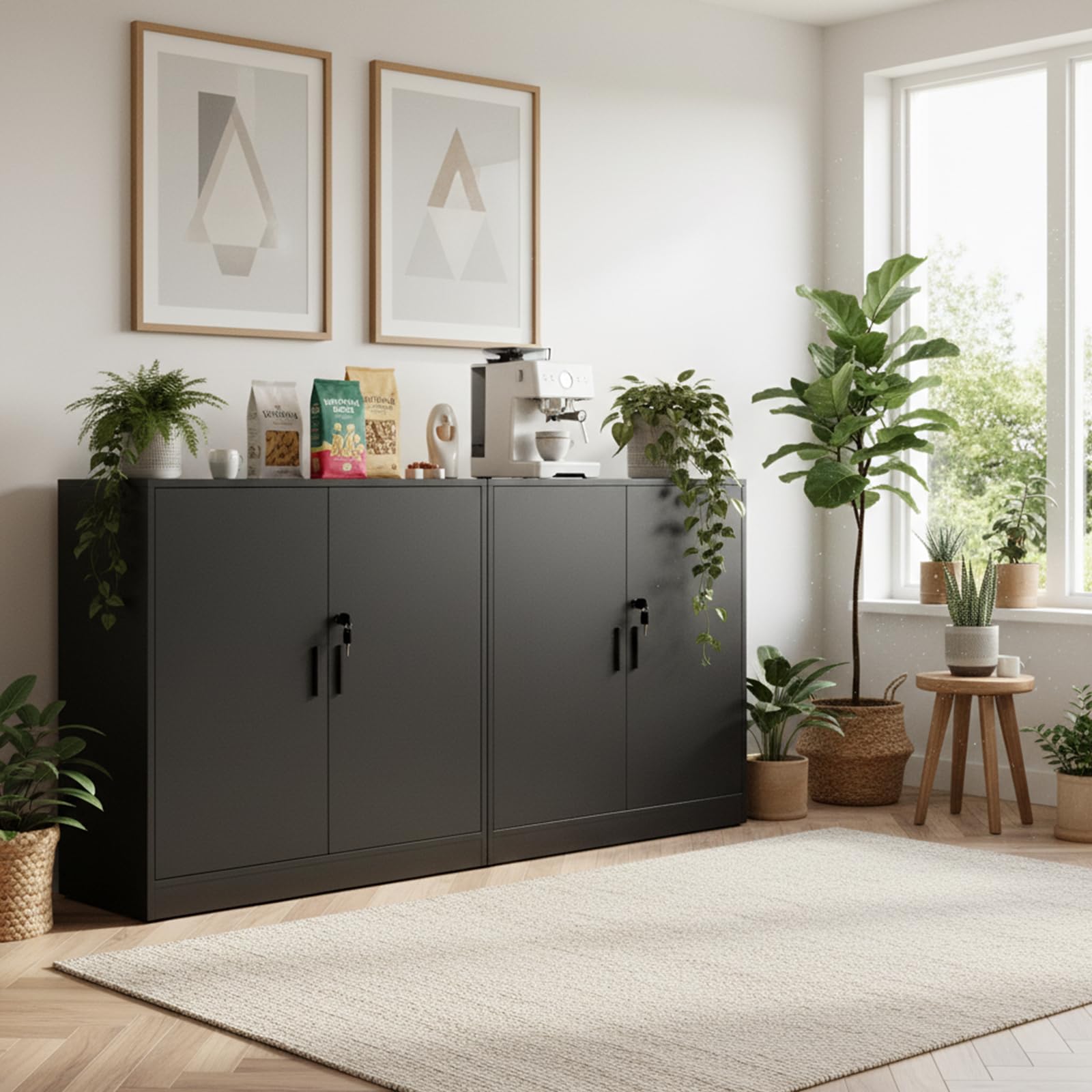 Armoire de Bureau, Meuble Rangement Bureau Fermant à clé, 15mm Armoire de Rangement pour Garage Salon Chambre Buffet Imprimante Papier Administratif avec 2 Porte, Placages Réglables, Noir