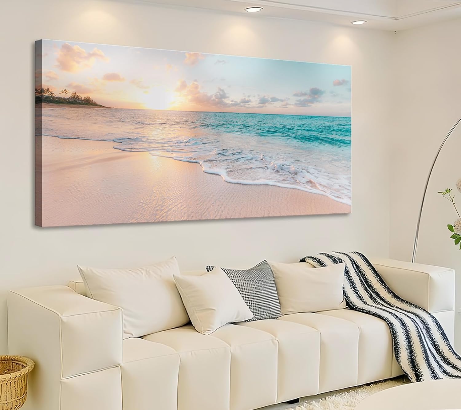 OKEXCKK Beach Canvas Wall Art - Sunset Ocean Picture Green Nature Seascape Painting Print for Kitchen, Bedroom, Living Room Decoration, Large Coastal Artwork Poster for Wall Decor 20x40