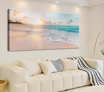 Beach Canvas Wall Art - Sunset Ocean Picture Green Nature Seascape Painting Print for Kitchen, Bedroom, Living Room Decoration, Large Coastal Artwork Poster for Wall Decor 20"x40"