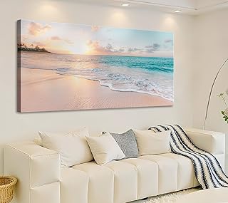 Beach Canvas Wall Art - Sunset Ocean Picture Green Nature Seascape Painting Print for Kitchen, Bedroom, Living Room Decoration, Large Coastal Artwork Poster for Wall Decor 20"x40"