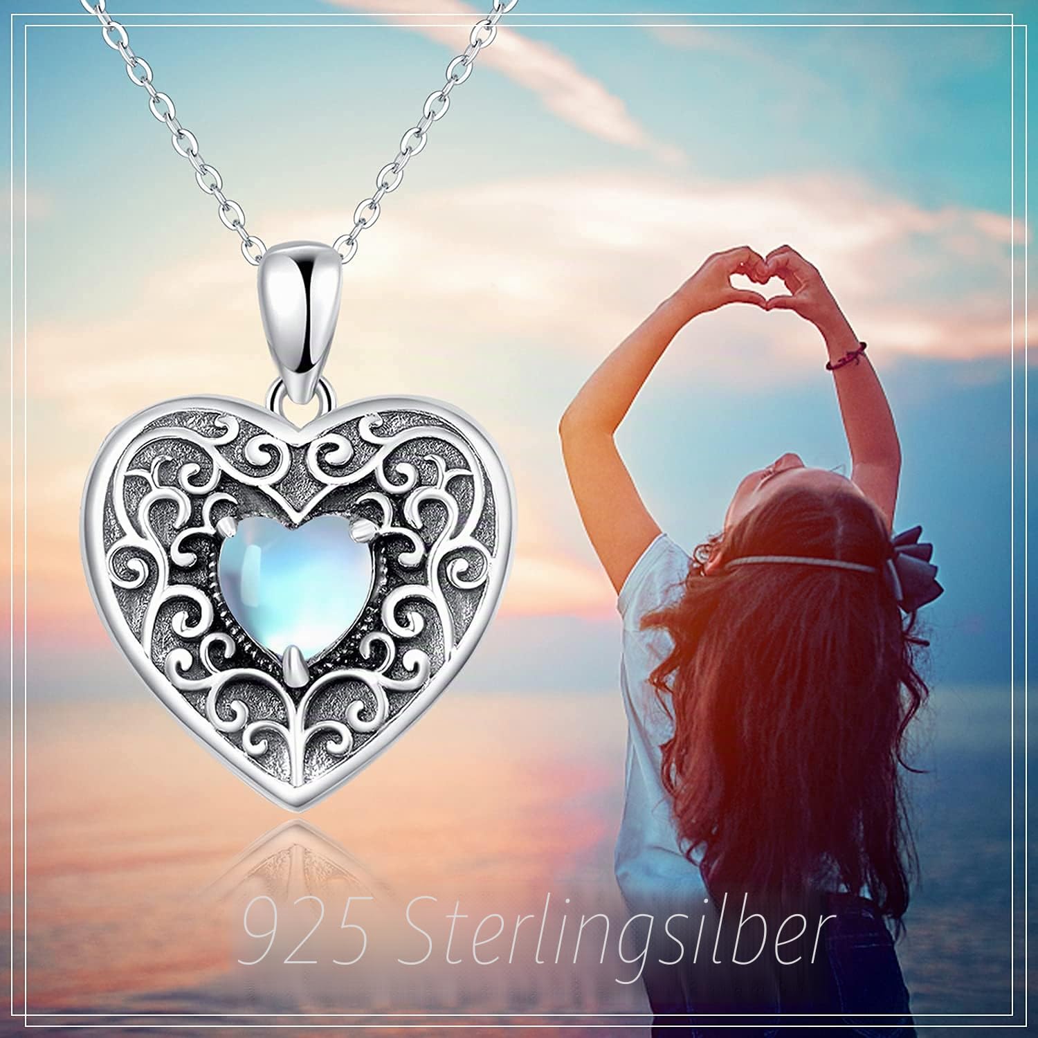 Herz Medaillon Kette Damen 925 Sterling Silber Mondstein Opal Medaillon Herz Amulett zum Öffnen 2 Fotos Geschenk für Freundin Frau Mutter Love You Forever