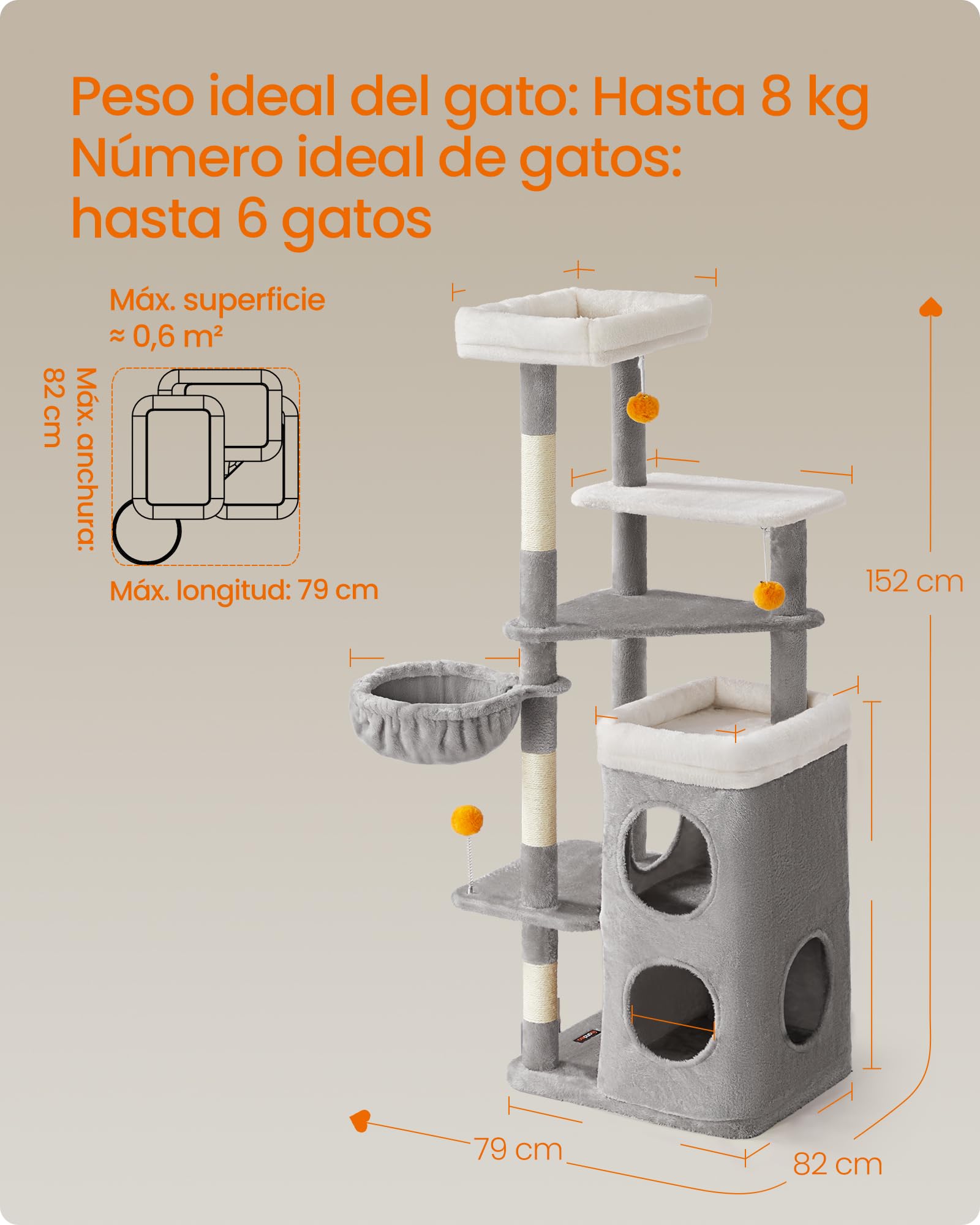 Feandrea Árbol Alto para Gatos, Altura de 152 cm, Rascador Multinivel con 2 Cuevas Grandes, una Hamaca, 3 Columnas para Arañarse, 3 Plataformas, Gris Paloma PCT007G01