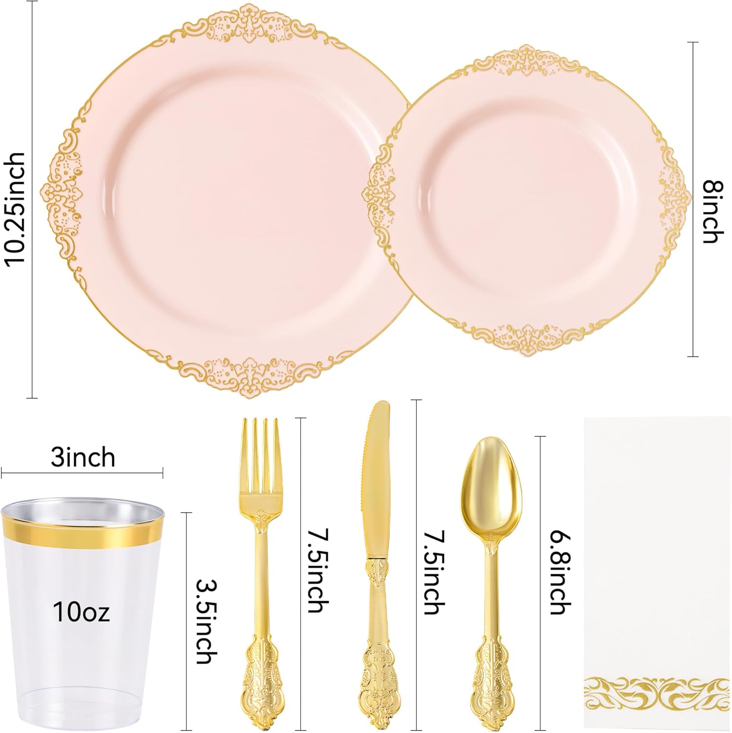 350pcs Pink Plastic Plates, Elegant Disposable Dinnerware Set, 125 Pieces, White and Gold, Plates, Cups, Cutlery and Napkins (Pink, 50 Guests) - Image 2