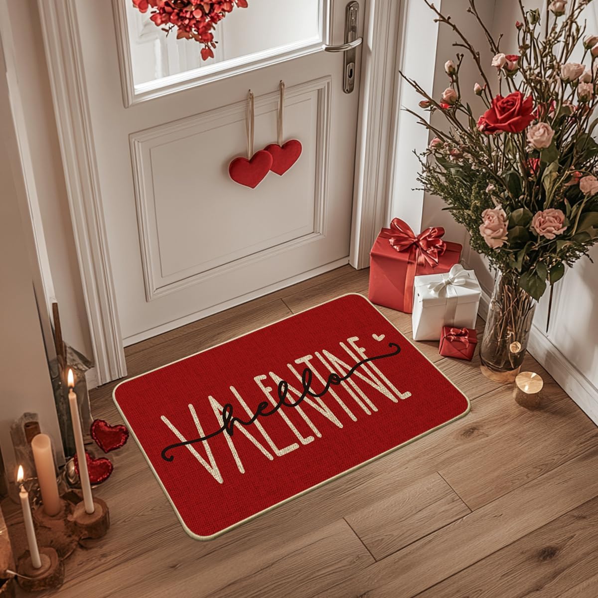 Artoid Mode Hello Valentine Red Valentine's Day Doormat, Anniversary Wedding Home Decor Low-Profile Rug Switch Mat for Indoor Outdoor 24x35 Inch