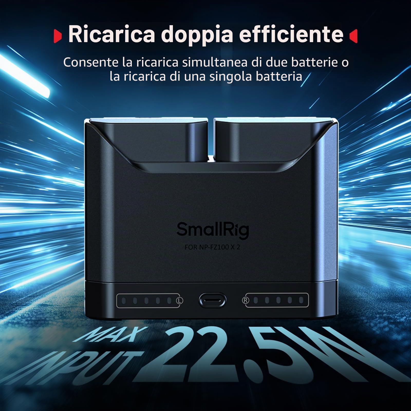 SMALLRIG Caricabatterie NP-FZ100 per Sony, Caricabatteria a Doppio slot da 2 ore con porta di ricarica rapida USB-C per Sony Alpha A7III A7IV A6700 FX3 FX30 A9 A7C A7CII A7RIII ZV-E1 ZV-E10II-5489