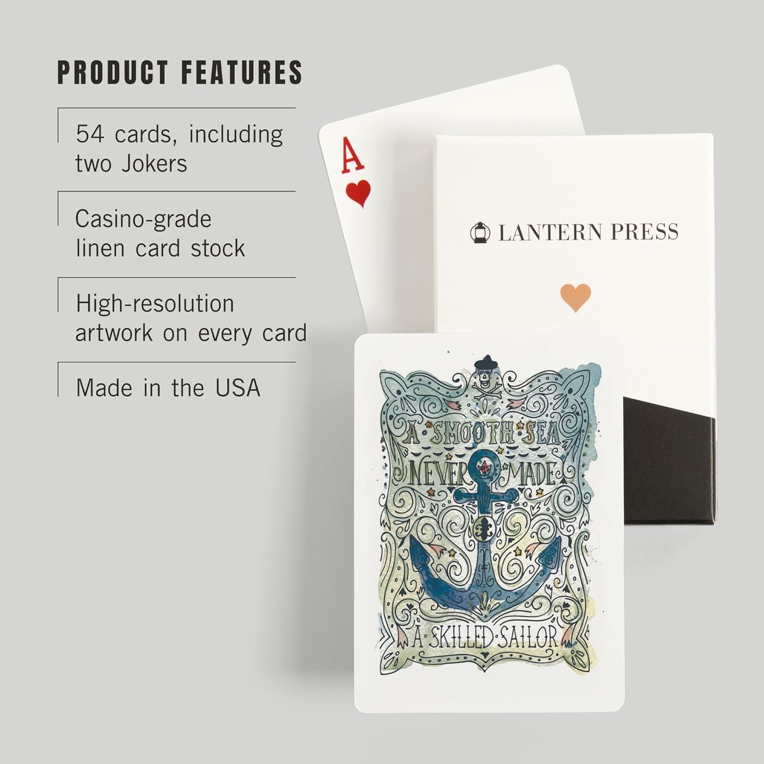 Lantern Press Watercolor Anchor, A Smooth Sea, Nautical Art, Artwork, 52 Playing Cards for Adults, Poker Size Card Deck