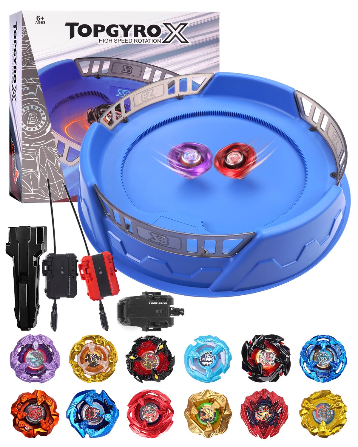 DEZAWRTY Gryo X Arena Battle Set Ausgestattet mit X Acceleration Rail - 6 Kampfkreisel, 2 Launchers und Stadium, Battle Kampfarena für Kinder ab 6 Jahren, Kampfspielzeug für Jungen, Blau (12pc)