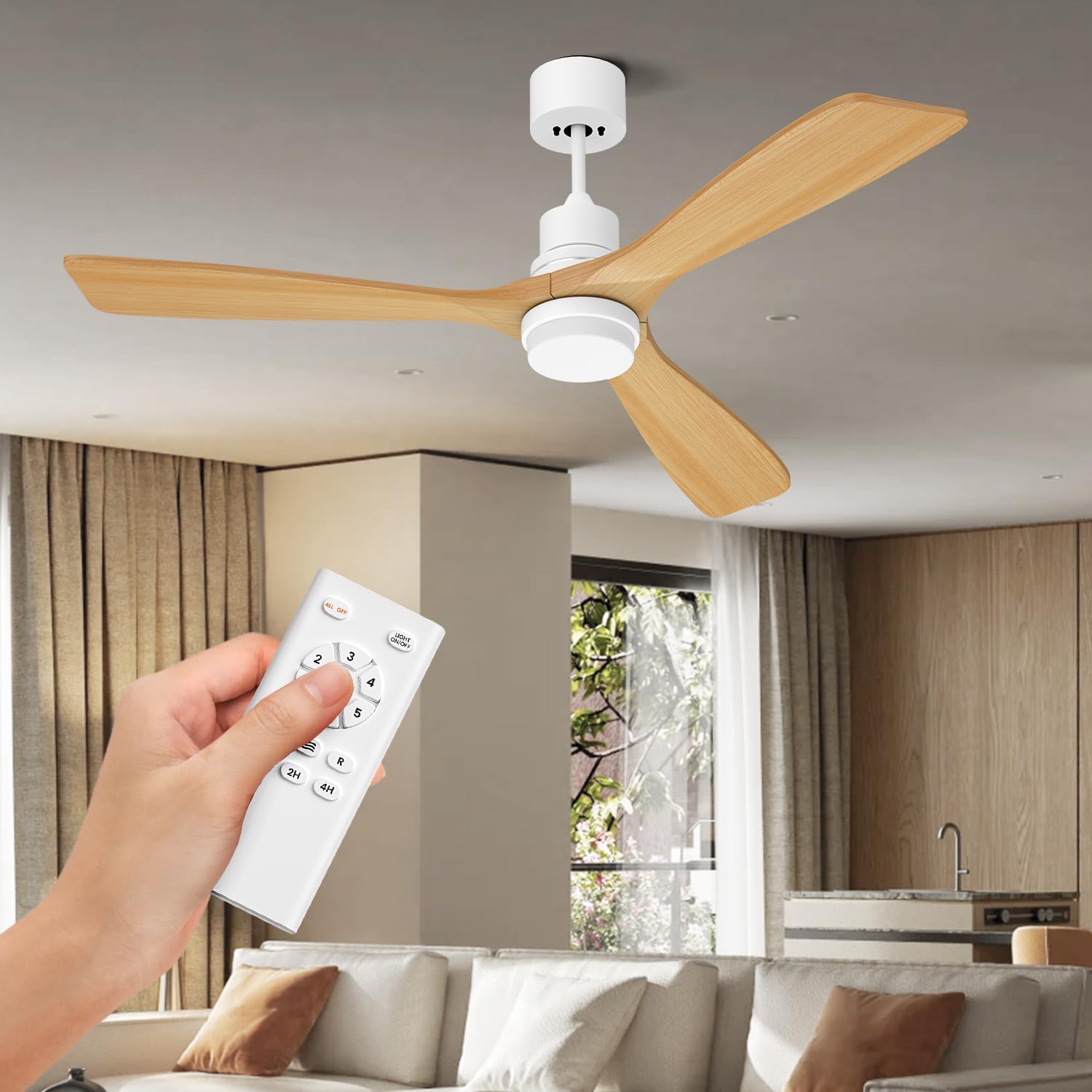 Obabala 52IN Wood Ceiling Fan Modern Ceiling Fan with LED Light and Remote Control for Patios Indoor Reversible DC Motor Timmer