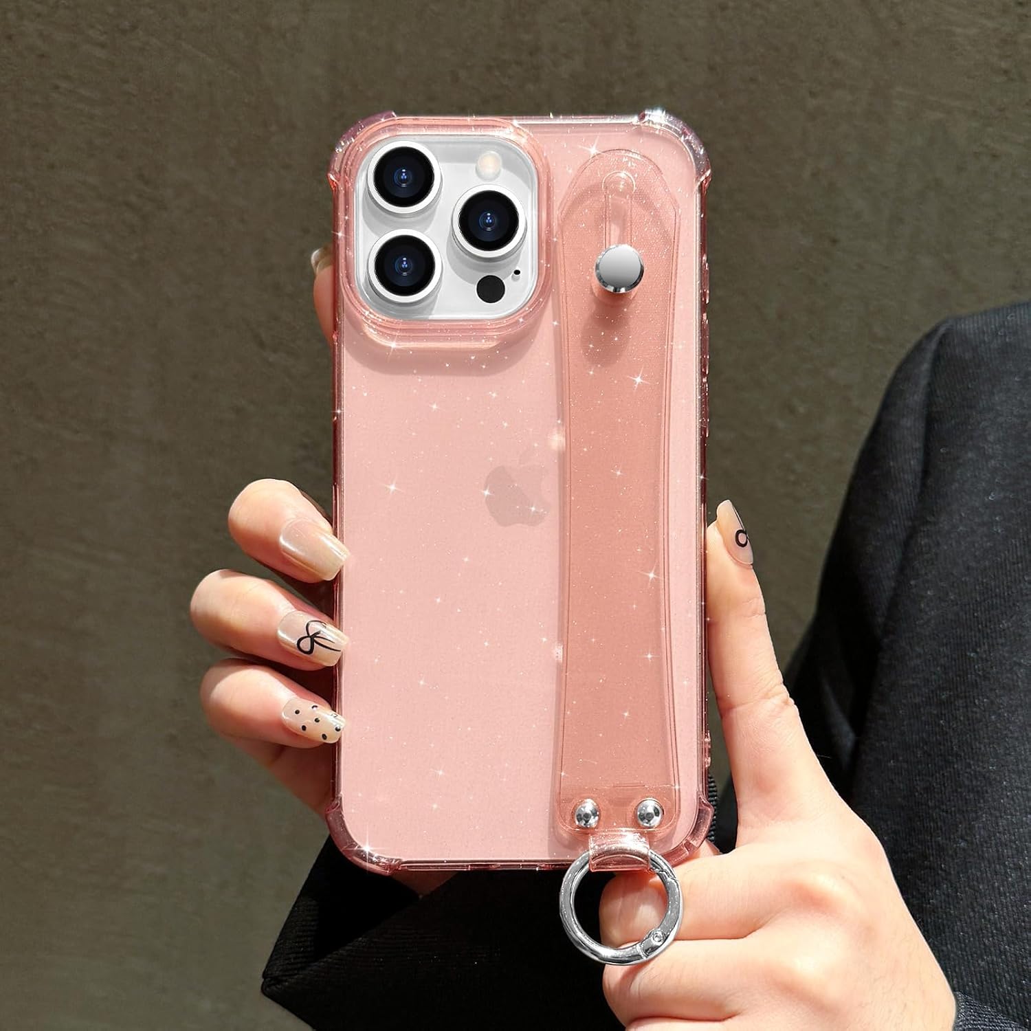 for iPhone 15 Pro Case Clear Glitter with Strap, Soft Silicone Back Cover, Adjustable Hand Strap for Women Girls Sparkle Bling TPU Protective Phone Case for iPhone 15 Pro 6.1", Pink - Image 7