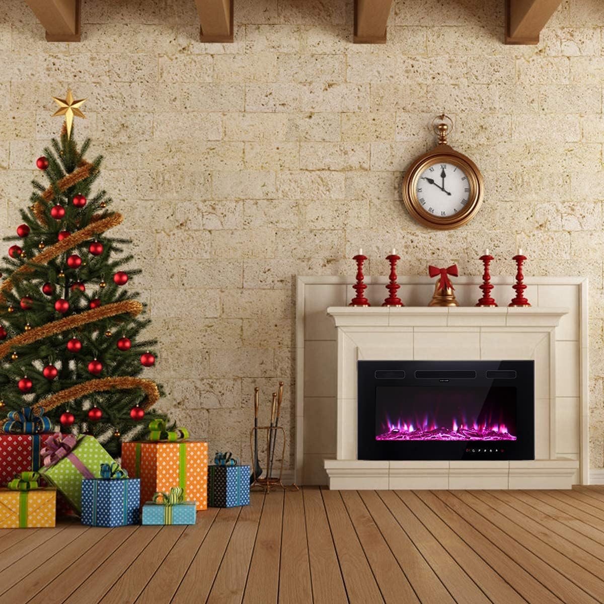 Features of the electric fireplace including faux fire log and glass crystals, 12 realistic flame colors, ETL certification, security, overheating protection, low noise (38dB), and no dust or smoke.