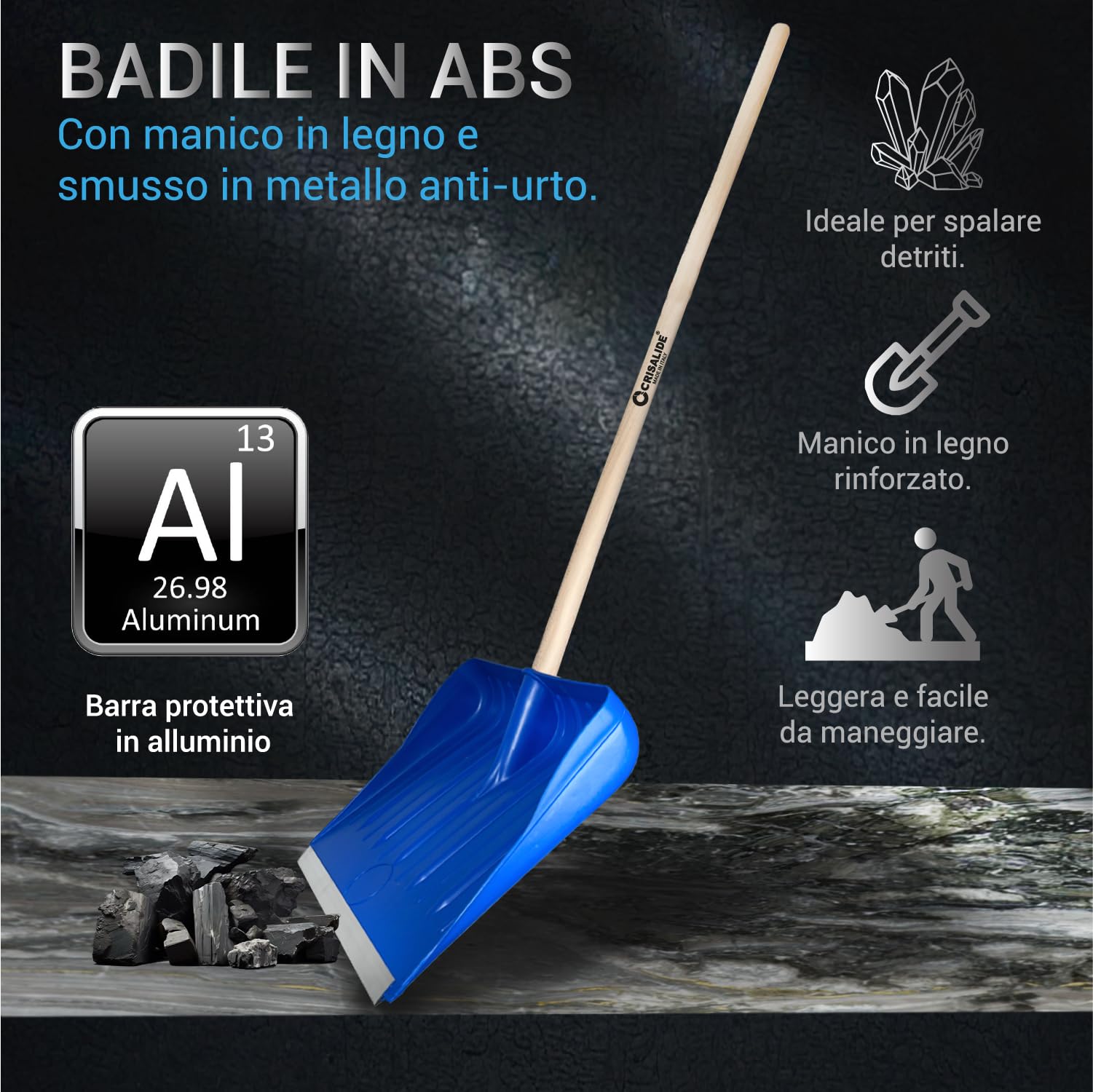 Crisalide® - Baie professionnelle en ABS, extrémités renforcées en aluminium anti-choc, 45 x 38 cm, poignée 135 cm, polyvalente pour usage agricole, jardinage et construction, pelle ergonomique