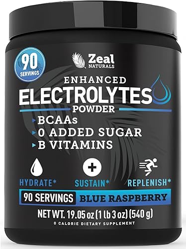 Vista 11 de Zeal Electrolitos en Polvo - 90 Porciones Polvo de Electrolitos Keto Cero Azúcar, BCAAs, Vitaminas B Potasio, Zinc, Magnesio Bebida