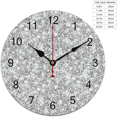 Miniatura 2 de Reloj de pared plateado brillante con purpurina, funciona con pilas, silencioso, sin tictac, para decoración del hogar, sala de estar, 12 x 12