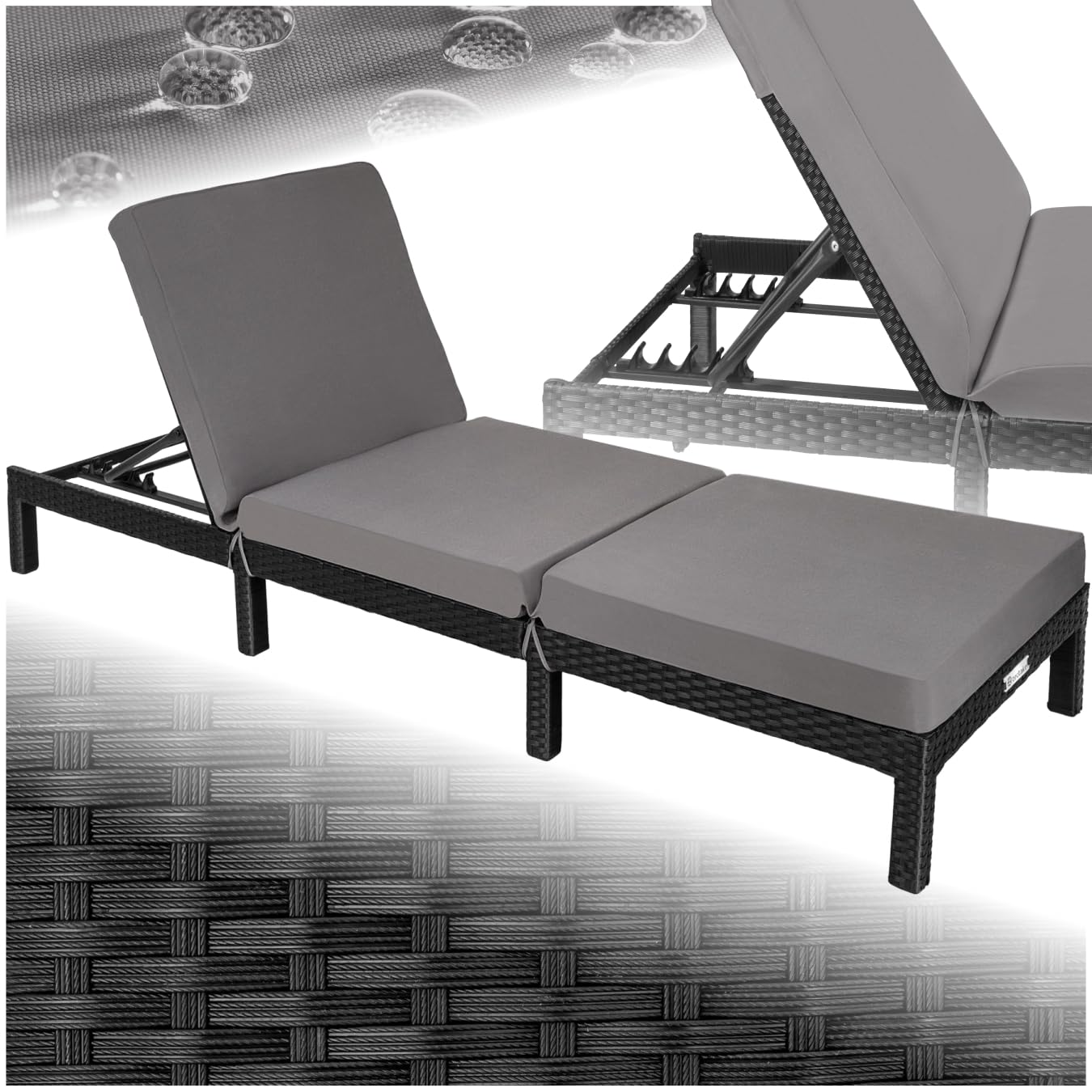 tectake® Polyrattan Sonnenliege mit 6-Fach höhenverstellbarer Rückenlehne, Outdoor Daybed mit bequemer Polsterauflage, Gartenliege Rattan für drinnen und draußen, pflegeleicht und stabil - schwarz