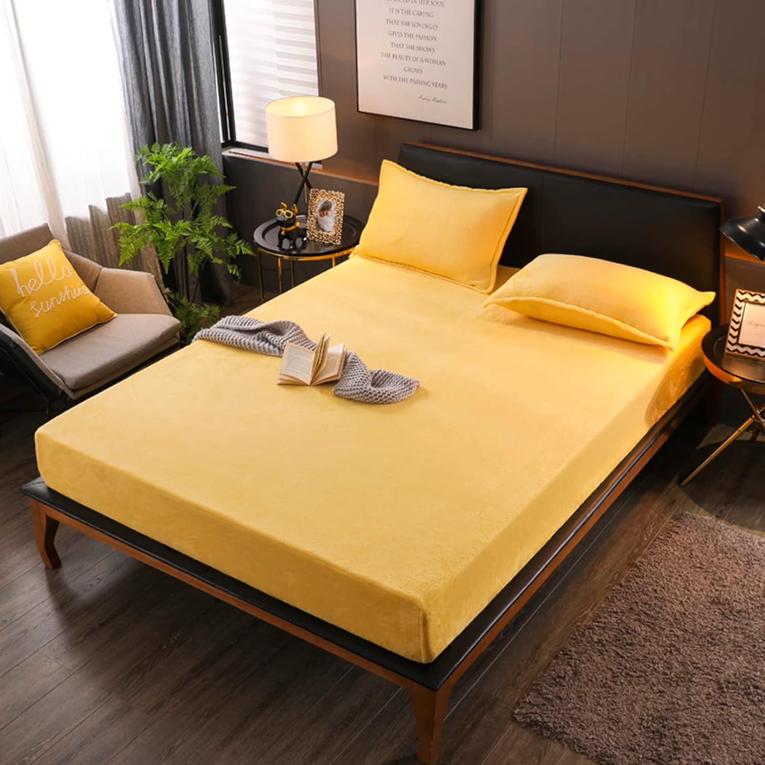 Pangzi Velvet Fitted Sheet Only,Flannel Fitted Sheet Plush Shaggy Ultra Soft Fuzzy Sheet with 15''Deep Pocket(Yellow,California King Size)