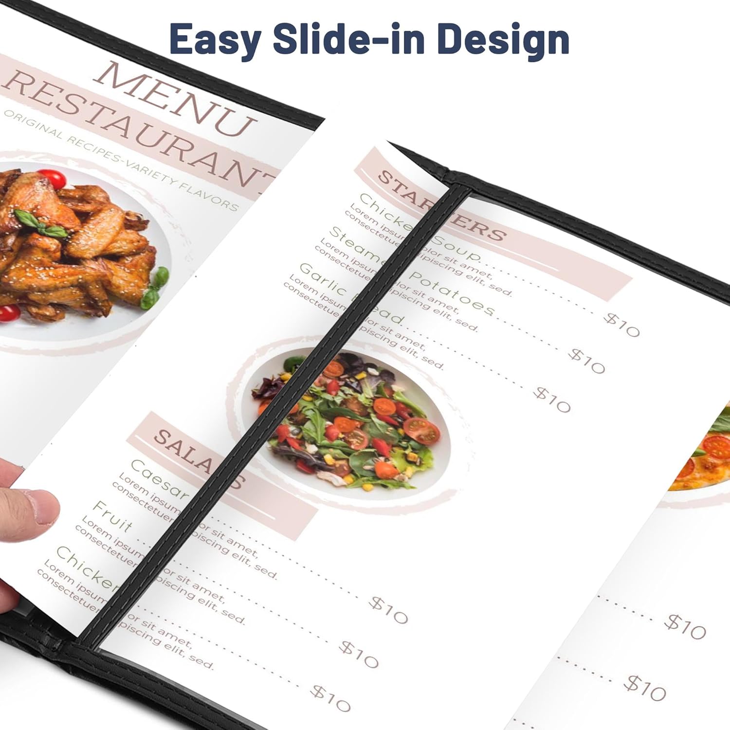 30 Pack of WeChef Food Menu Cover 2 Page 4 View Fold Fit 8.5X11 inch Paper Transparent Cafe Bar Restaurant Black