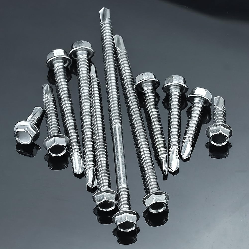 #12 x 2 Hex Washer Head Self Drilling Screws (50 pcs), 410 Stainless Steel Flanged Hex Sheet Metal Screws Tek Screws, Quick Self Tapping, Fayeploo