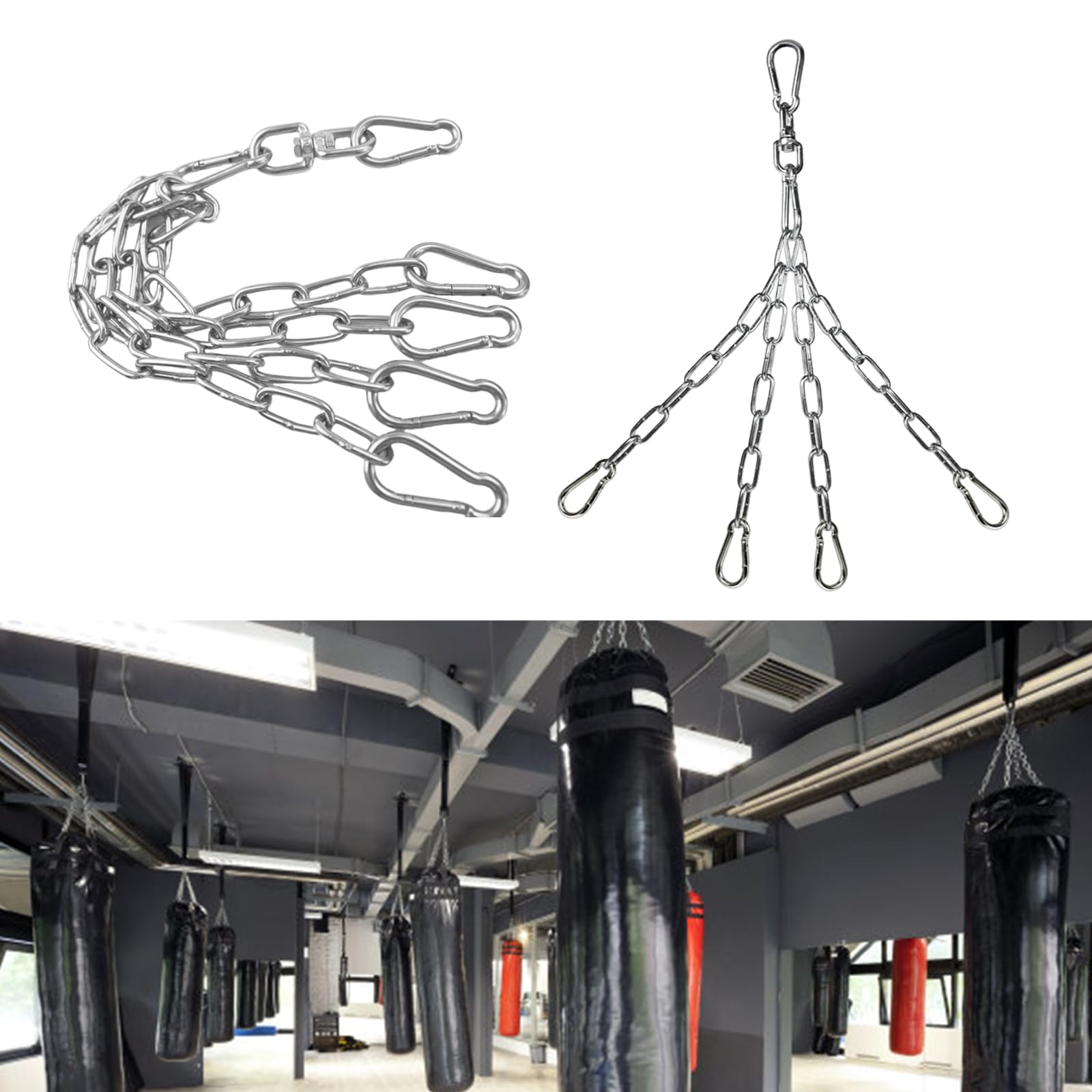 GKOXUQ Boxing Bag Connecting Hook Chain Strong Punches Bag Hanger Stainless Steel Swivels Chain with 4 Snapping Hook Enduring