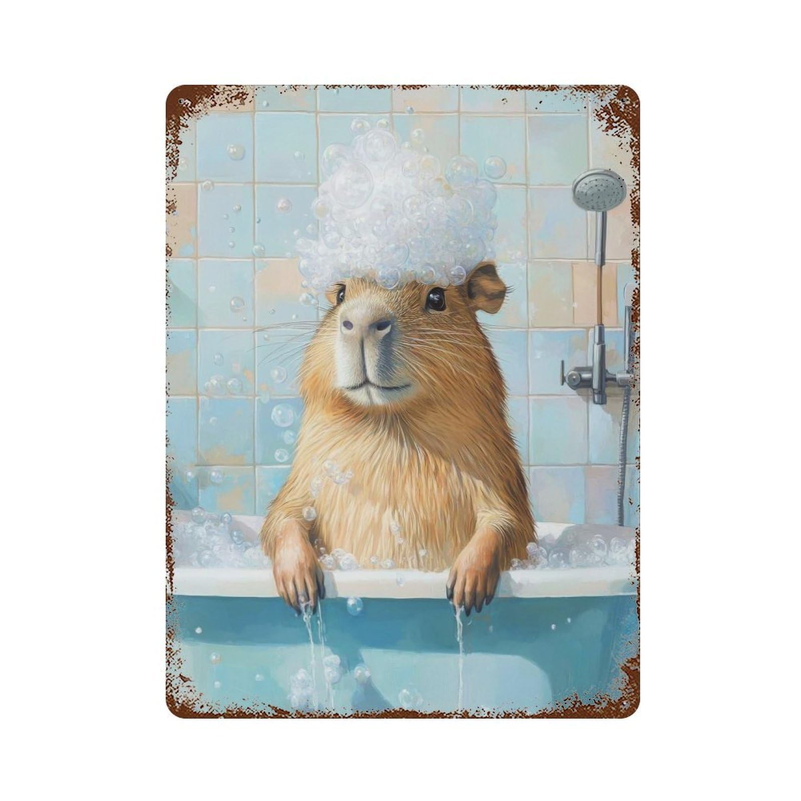 Capybara Bath Time 15.7"x11.8" Aged Metal Wall Plaque, Classic Wall Plaque for Basement, Hobby Room And Garage Decor