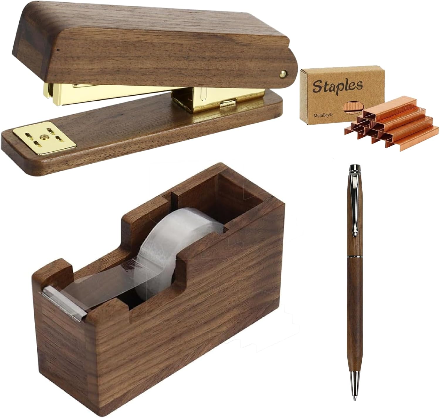MultiBey Walnut 3-Piece Wooden Desk Set - North American Walnut Stapler