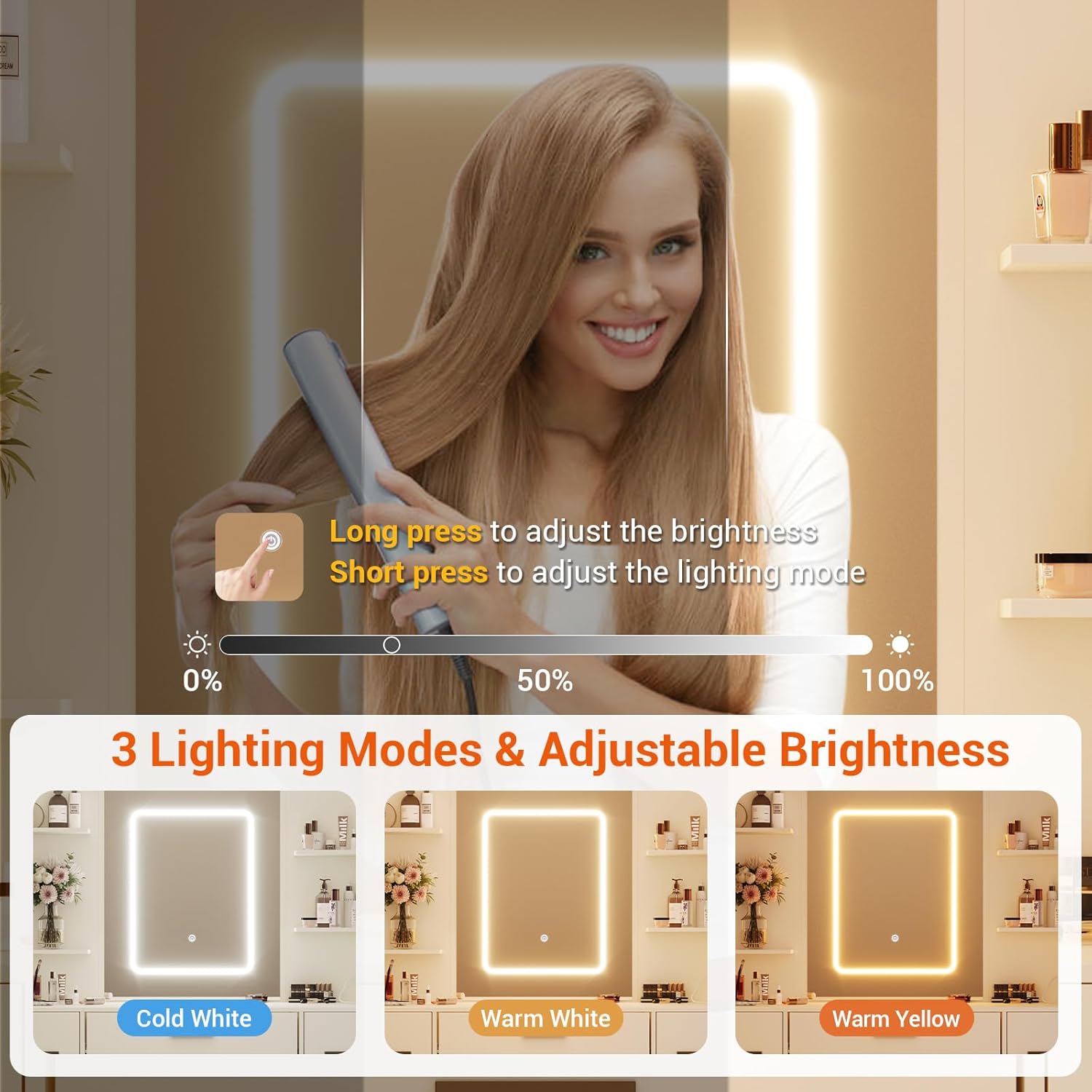 A woman demonstrating the touch controls on the LED mirror, showing how to adjust brightness and switch between lighting modes.
