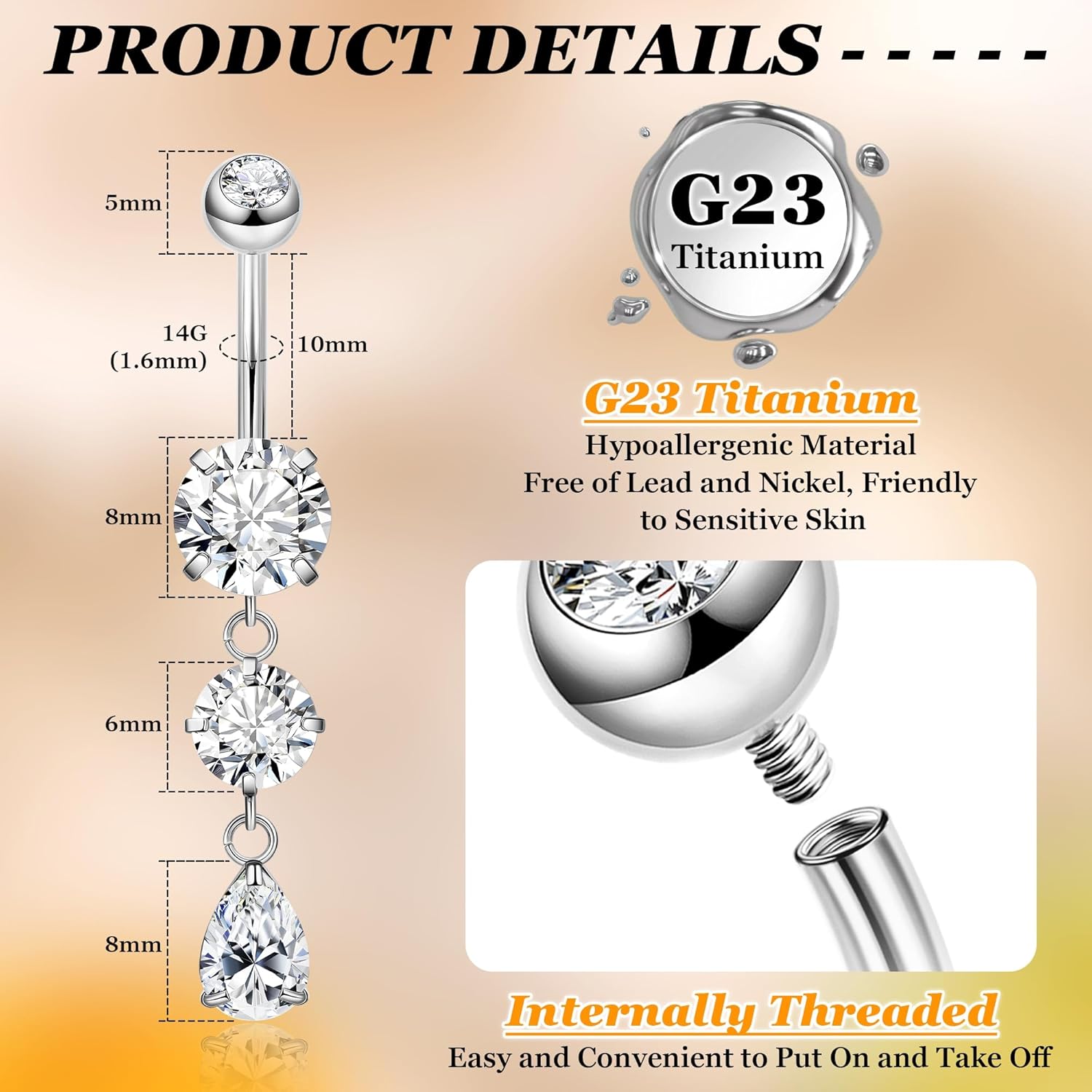 14G G23 Titanium Dangle Belly Button Ring for Women Dangling Navel Rings Hypoallergenic Teardrop Shiny CZ Belly Ring Internally Threaded Navel Piercing Jewelry - Image 3