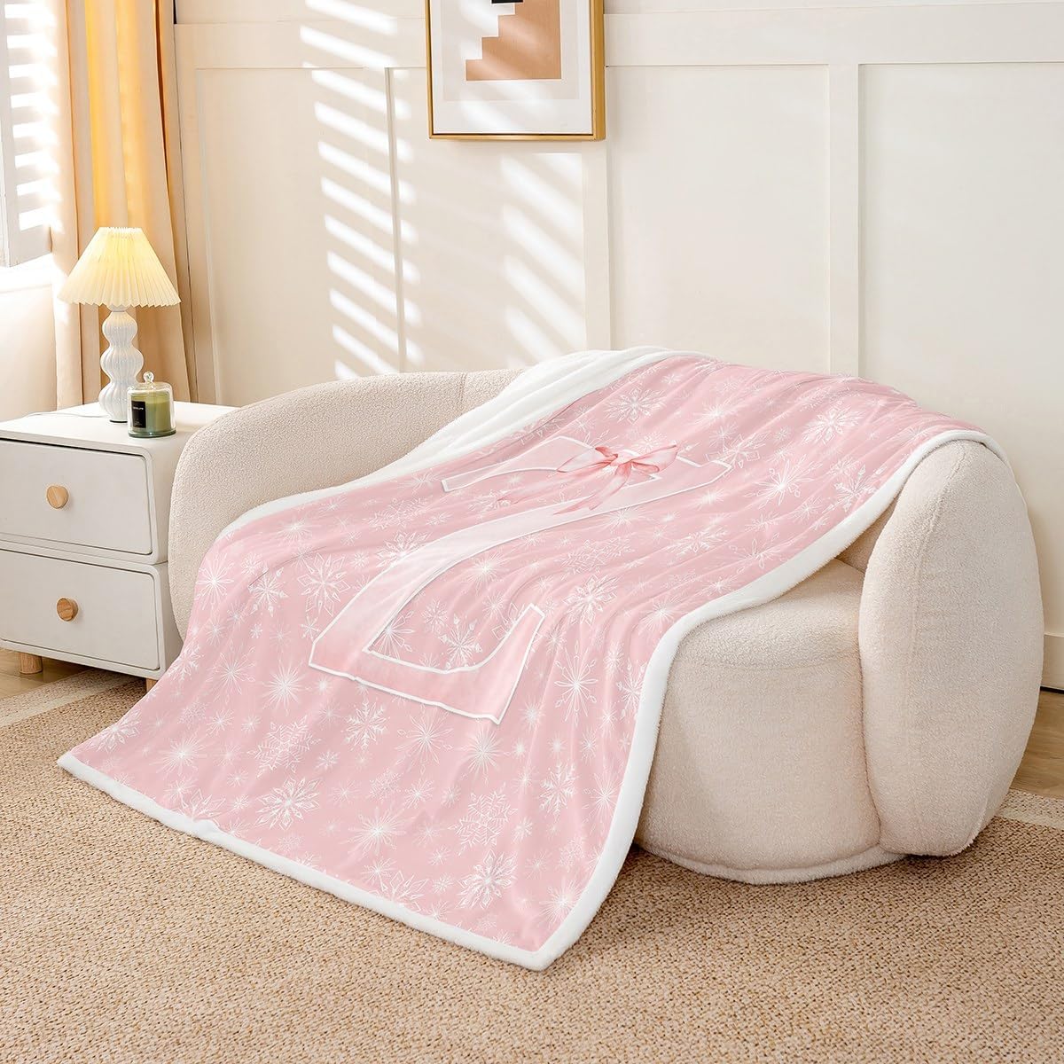Erosebridal Christmas Snowflake Fleece Blanket Twin 60x80 | Pink Initial Z Letter Bows Sherpa Blanket for Sofa Personalized Dreamy Princess Style Fuzzy Plush Throw Girly Bowknot Alphabet Pattern