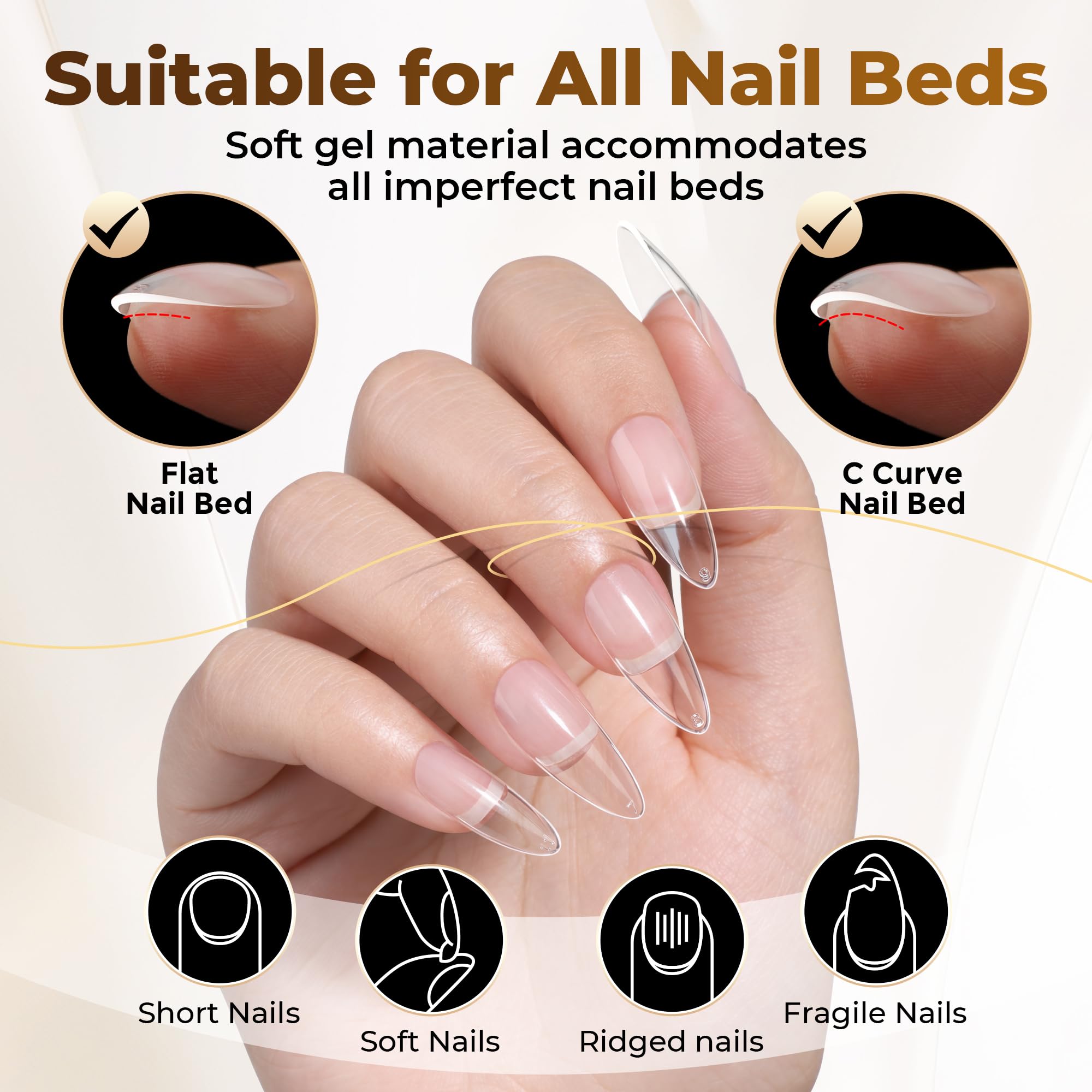 UNA GELLA Capsule Américaaine Ongles Amande Moyenne, 504 Pièces 12 Tailles Faux Ongles Couverture Totale, Gel Souple sans Courbure en C, Idéal pour Extensions d’Ongles et DIY à la Maison - 5