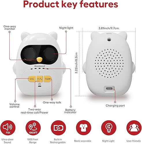 Miniatura 2 de Monitor de audio para bebés con batería recargable, intercomunicador inalámbrico dúplex completo con rango de 1000 pies, monitor de bebé solo con