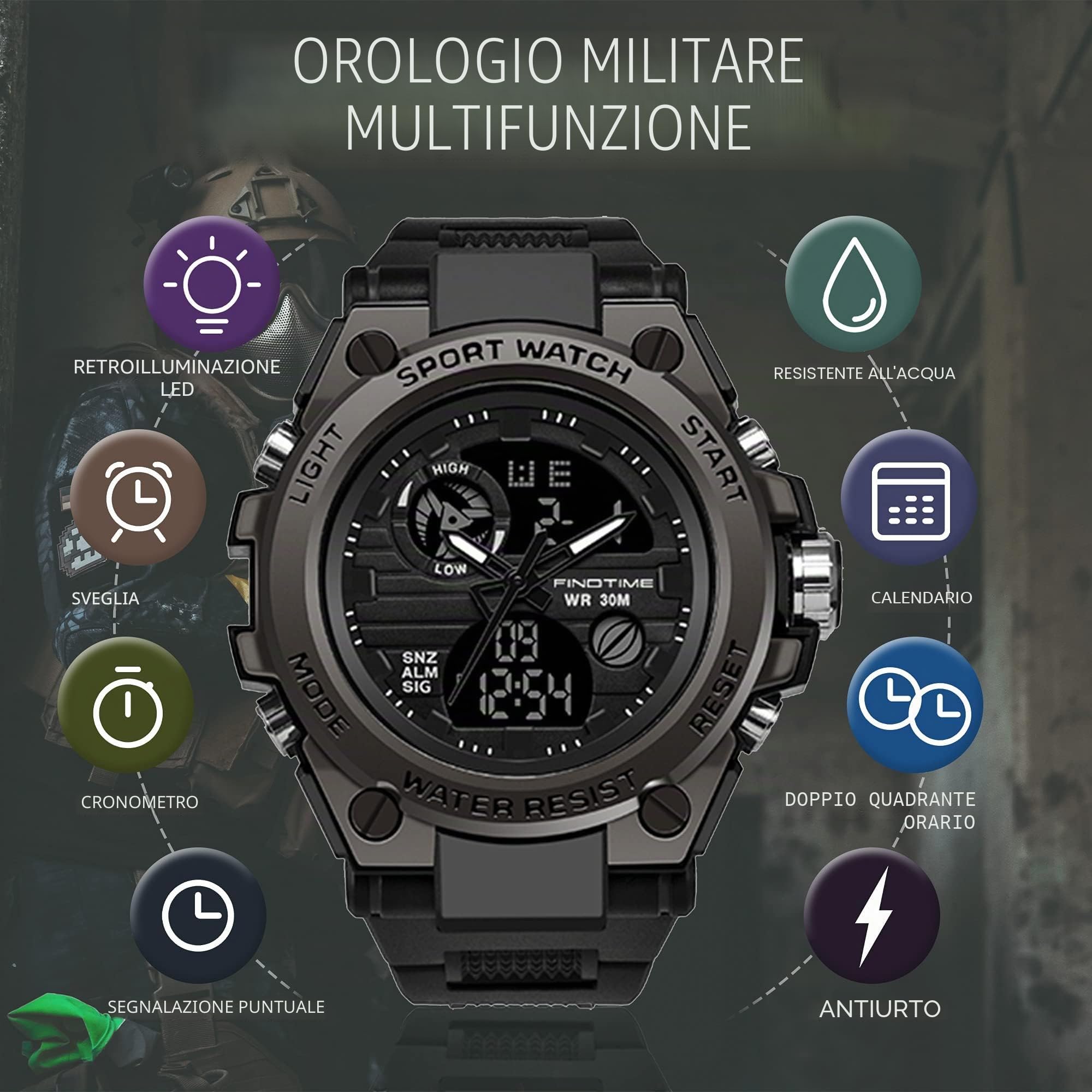 Orologio militare tattico sportivo da uomo, cronometro, quadrante grande, sveglia, doppio display ora, retroilluminazione, orologio da polso impermeabile per esterno, Nero , Cinghia