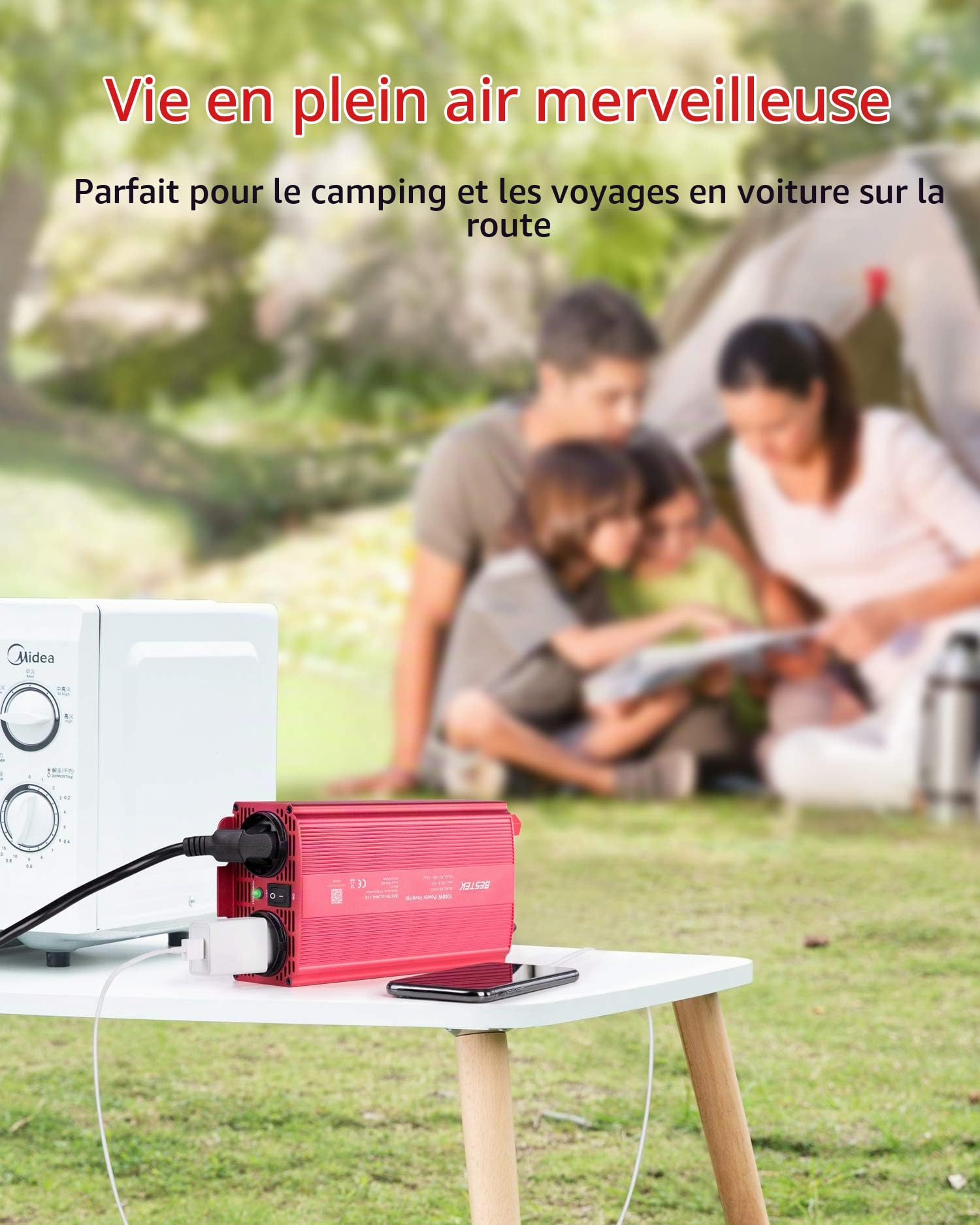 BESTEK 1000W Convertisseur 12V 220V 230V Camping Car Prise Européenne Sinus Modifié avec Pinces Onduleur 12v 220v pour Voiture Camion Bateau
