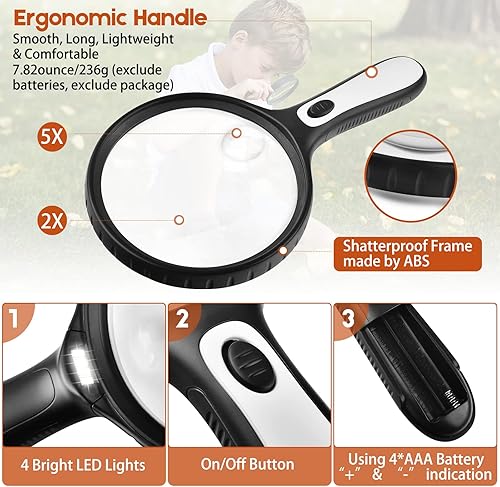 Miniatura 4 de Lupa con luz, lupa grande de 4.92 pulgadas, lupa iluminada de mano 2X 5X con 4 luces LED brillantes, bolsa de almacenamiento, paño limpio para