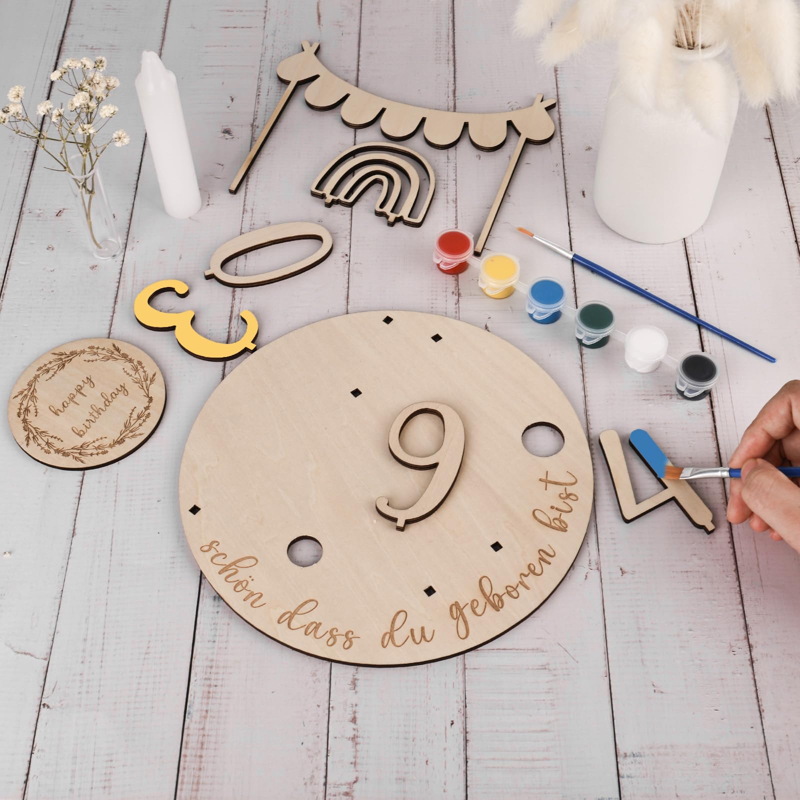 DIY Geburtstagsteller Aus Holz – Personalisierbar Mit Zahlen 0-9, Buntes Set