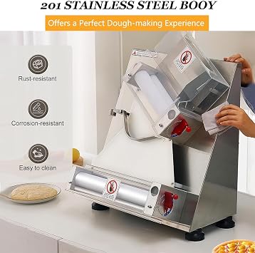 Commercial Pizza Dough Roller Sheeter, Max 11, Automatic 370W Electric Pizza Dough Roller, Stainless Steel, Suitable for Noodle, Pizza Bread and Pasta Maker Equipment