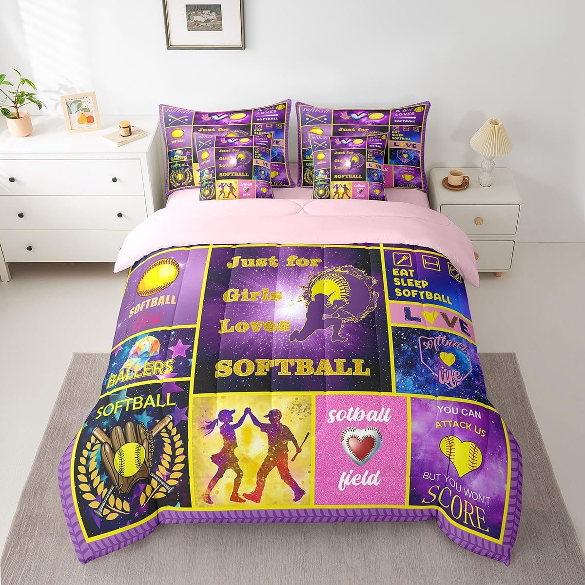 Erosebridal 7 Pcs Softball Bed in A Bag Full,Purple Patchwork Bedding with Bed Sheets for Kids Teens,Softball Sports Comforter Set for Girls Boys,Extreme Sports Ball Game Quilt with Pillowcases
