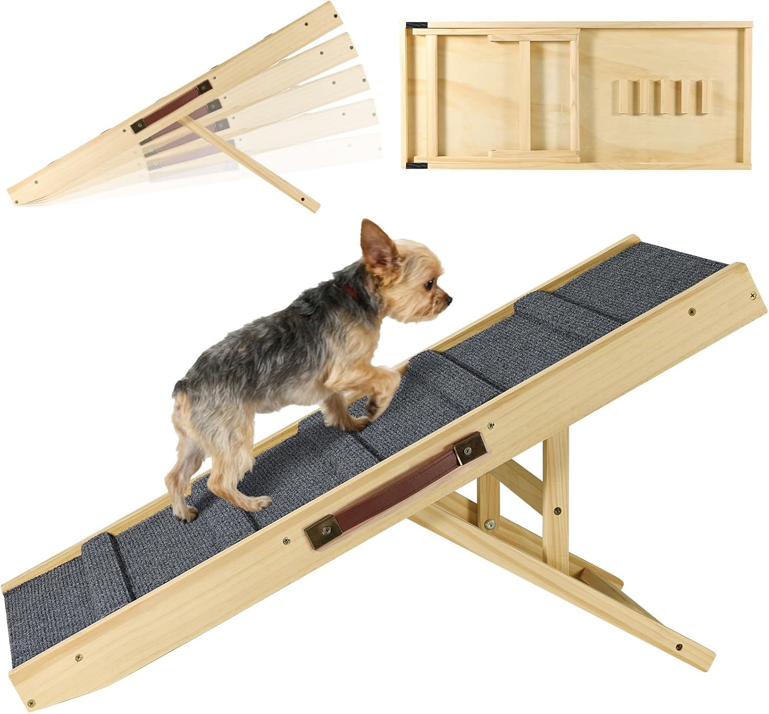 Upgraded Dog Ramp for Couch, Foldable Small Dog Pet Ramp for Low Bed, 5 Adjustable Height from 12” to 20″ Dog Stairs with Non-Slip Pad, 13.8″ Wide Wooden Pet Steps for Dogs to Get on Bed Couch Car