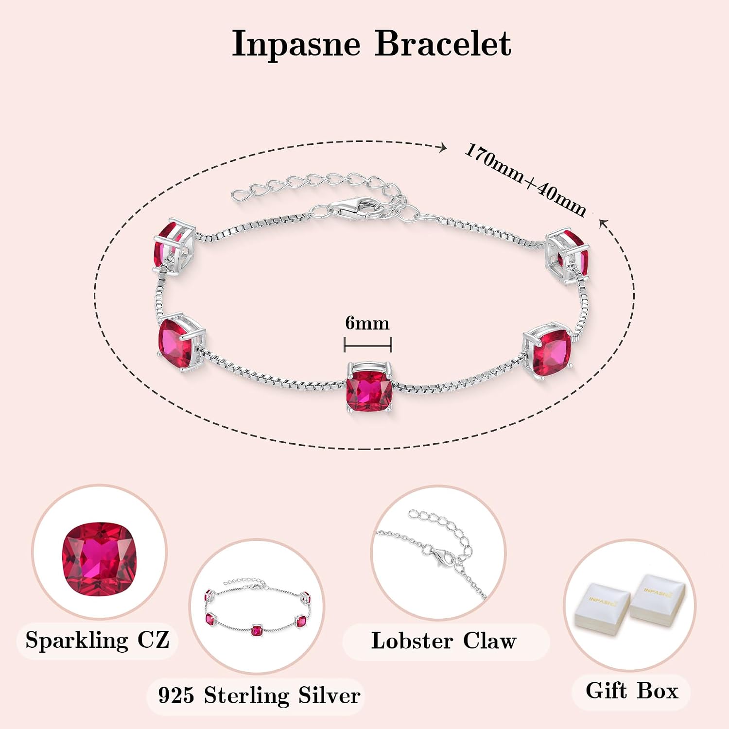 Princess Cut Jewelry Set 925 Sterling Silver Ruby Earrings Dangle Drop Leverback July Birthstone Necklace and Bracelet Jewelry for Women