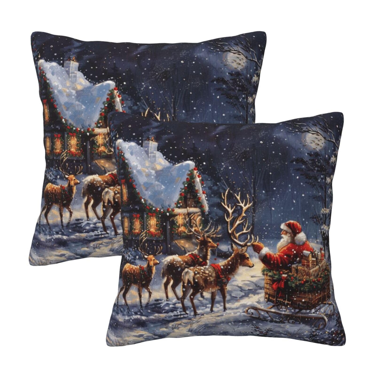 kkvhhyuo Snow Night Santa and Deer Print Pillow Covers Set of 2, Square Decorative Cushion Covers with Hidden Zipper, Throw Pillow Cases for Living Room Sofa Bed Chair, 45x45 cm