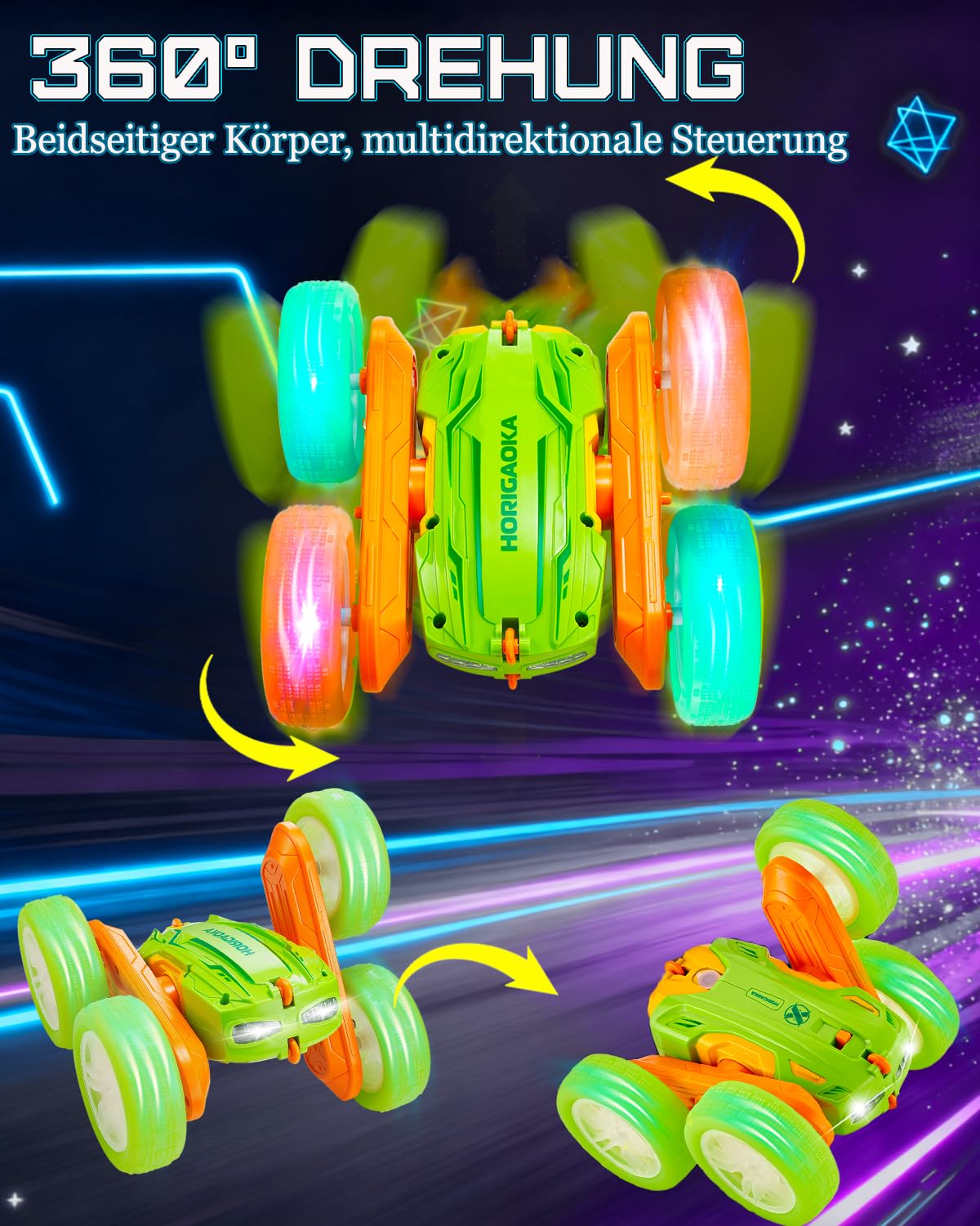 Rcfunkid Juguete de control remoto, doble cara giratoria de 360 ° RC, acrobacias RC con luces LED coloridas, juguete RC 4WD para niños de 8 a 12 años y regalo de