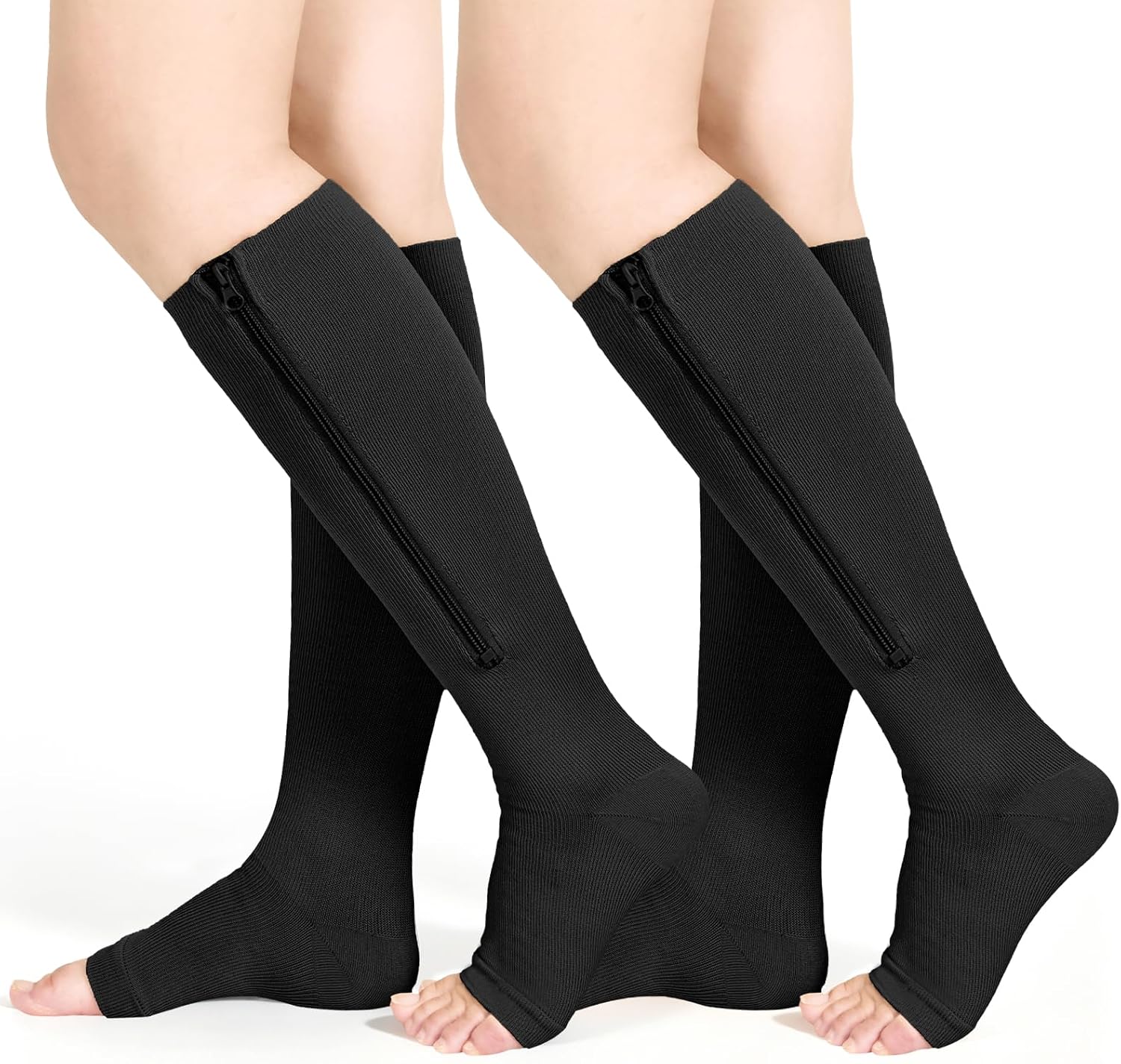Athbavib 2 Pairs Zipper Compression Socks, 15-20 mmHg Closed Toe Compression Stocking with Zipper for Women and Men