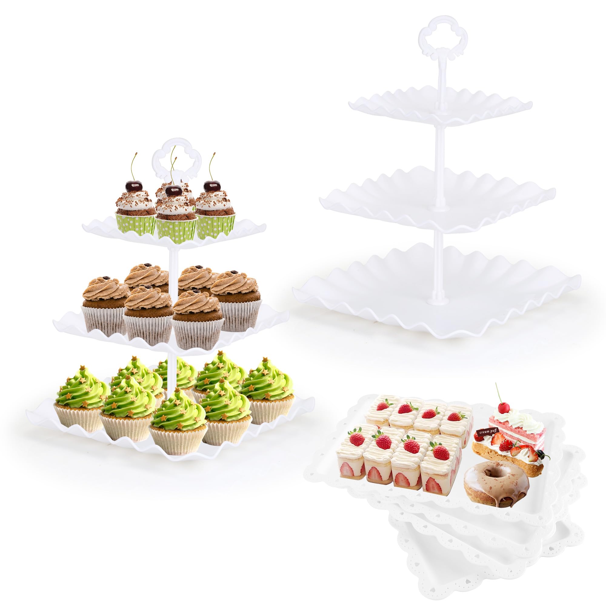 Juego de mesa de postre de 6 piezas, 2 soportes para magdalenas/torre de nivel para tartas y 4 bandejas de servir para fiestas de té, cumpleaños, baby shower (cuadrado blanco puro)