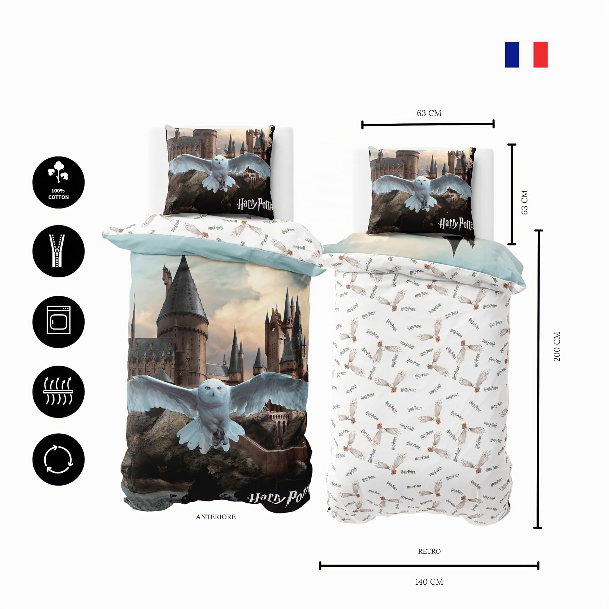 Harry Potter, biancheria da letto in cotone, 140 x 200 cm, 1 federa 63 x 63 cm + copripiumino 140 x 200 cm, regalo gufo